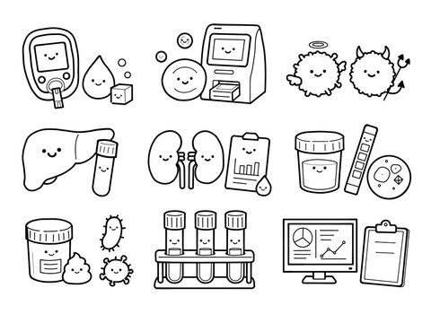 Clinical laboratory testing set: blood glucose, urine, blood and bacteria tests (hand drawn line art)