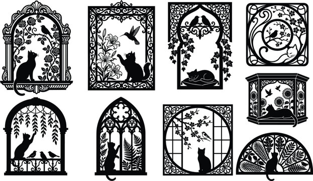 Ornate Cat Window Silhouette Set Featuring Felines with Intricate Floral Frames, Birds, Vines, Hummingbirds, and Detailed Architectural Borders Vector Graphics