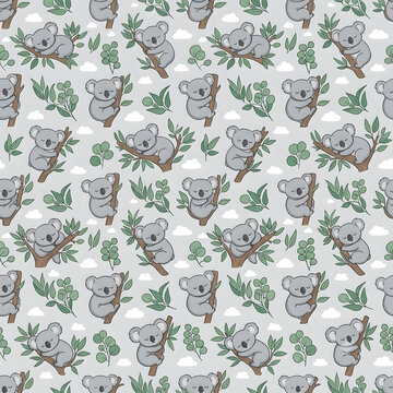 Seamless pattern of sleeping koala bears on branches, eucalyptus leaves, and tiny clouds