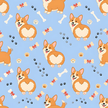 Seamless pattern of happy corgi dogs showing their fluffy butts, bone treats, and tiny paw prints