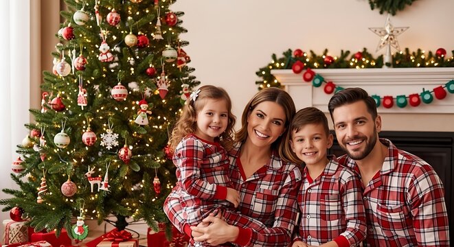 Joyful Family Portrait in Matching Pajamas by a Decorated Christmas Tree.