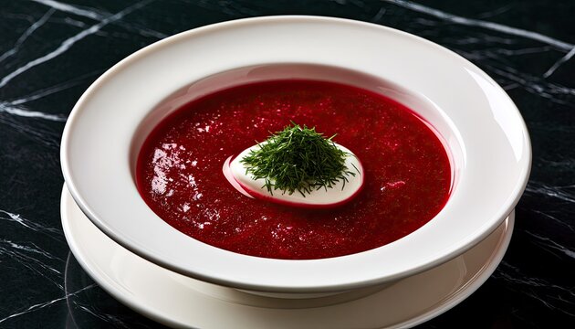 Vibrant red soup in a white bowl, topped with sour cream and fresh herbs