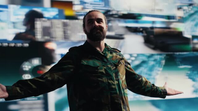 Army officer manages satellite data and digital threat detection tools, applying modern strategy to national protection and mission based defense operations.