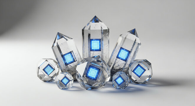 Futuristic clear crystals with luminous blue square cores.