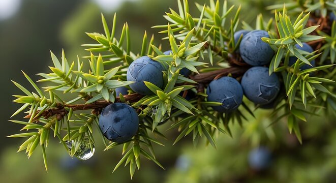 Juniper berries on evergreen branch closeup.