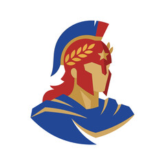 Roman soldier profile, spartan helmet with laurel wreath and star, blue and red armor, gold face, historical military emblem © Sapalas