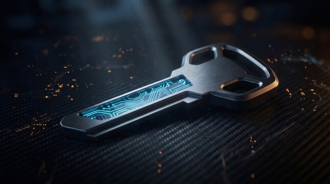 Futuristic Digital Key with Glowing Blue Circuitry for Cybersecurity and Data Access Concept