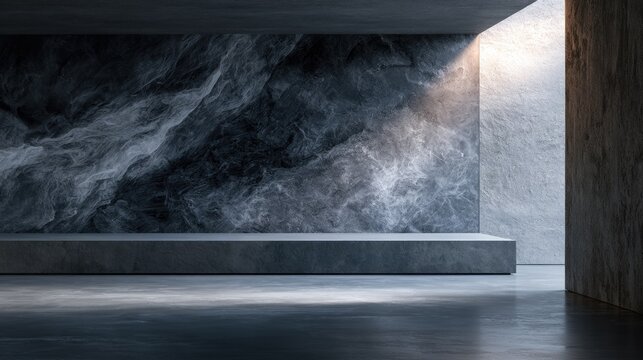 Stark concrete exhibition space with dramatic light on textured wall