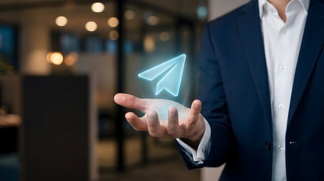 Business Hand Holding Paper Airplane Hologram &ndash; Digital Communication, Message Sending and Online Network Concept