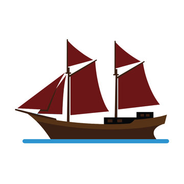 Silhouette of a two-masted sailing ship with dark red sails on a blue sea, isolated on white
