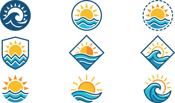 Sun and Ocean Wave Logo Icon Set with Summer Beach Badges Geometric Emblems Shield and Circular Tropical Sea Travel Vector Illustrations