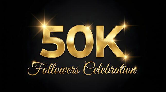 Shiny gold 50k followers celebration text with bright sparkles for social media milestone achievement graphic design element on a dark black background