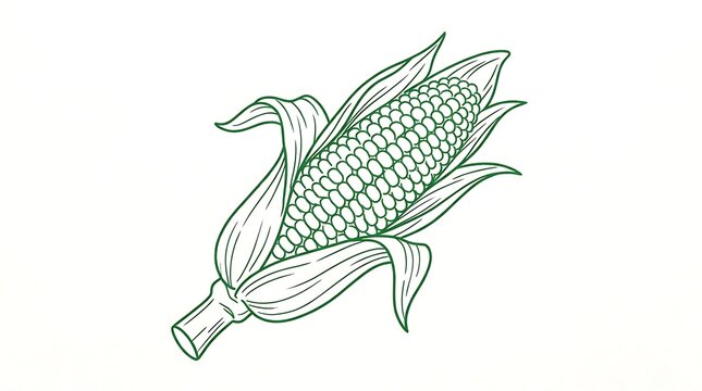 Corn Cob Illustration: A detailed line art illustration of a fresh corn cob with husk leaves, rendered in a simple, clean style.