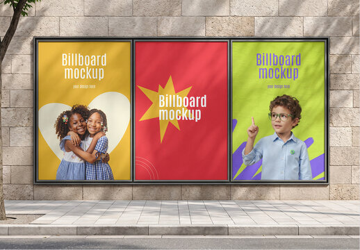 Triple Billboard Mockup on City Wall