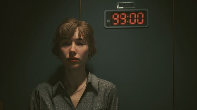 Woman facing camera with digital clock