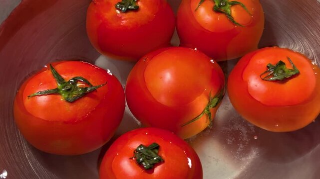 Static Close-Up of Fresh Red Tomatoes Washing in a Stainless Steel Bowl