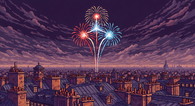 Vibrant fireworks illuminate the night sky with colorful bursts.