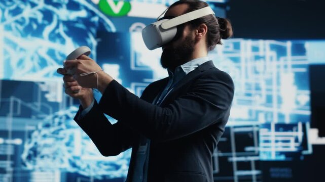 Business user explores a neural network system through a virtual reality device, examining cybernetics, robotics and AI automation for deep learning development.