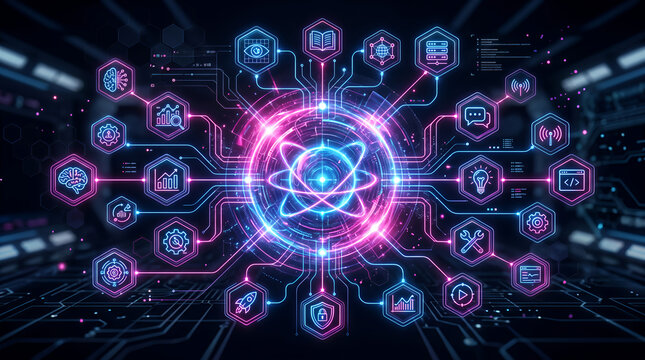 Glowing artificial intelligence neural network with digital connections, futuristic AI technology visualization, machine learning, big data analytics, innovation concept and cyber network.