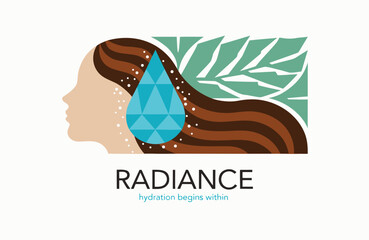 Profile portrait of woman with flowing hair and water droplet for beauty radiance skincare hydration © Ferewa