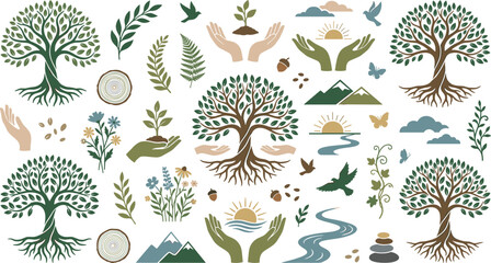 Tree of life vector illustration set with nature elements and caring hands for environmental branding sustainability concepts and commercial green marketing