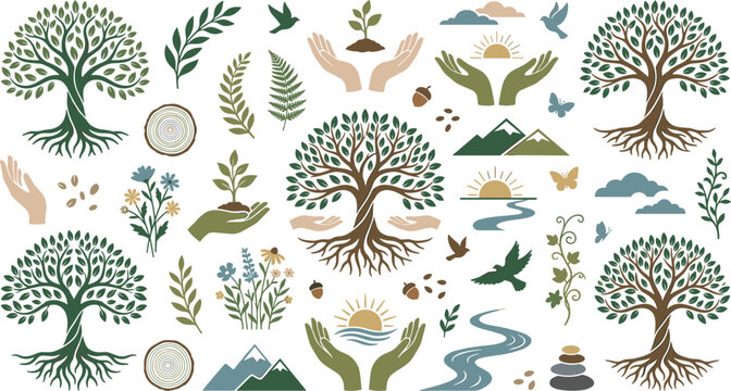 Tree of life vector illustration set with nature elements and caring hands for environmental branding sustainability concepts and commercial green marketing