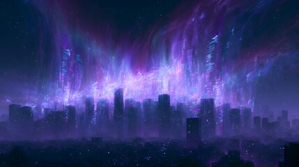 Fototapeta premium Abstract Futuristic Technology Concept with Vibrant Purple and Blue Digital Data Aurora Streaming Over Cyberpunk Megacity Skyline under Starry Night Sky