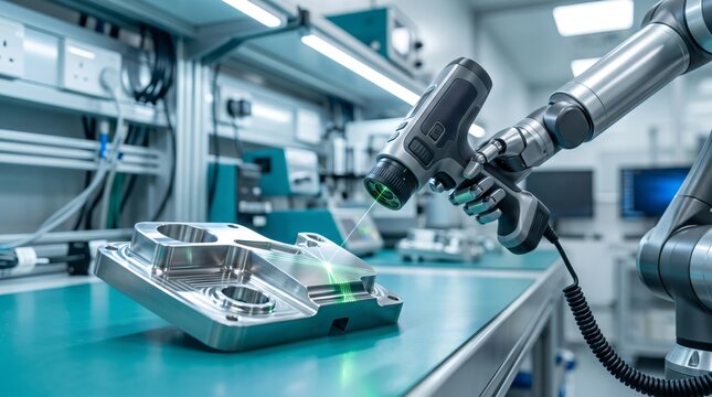 Automated Robotic Arm with 3D Scanner Inspecting Precision Metal Component for Quality Control in Modern Factory Lab