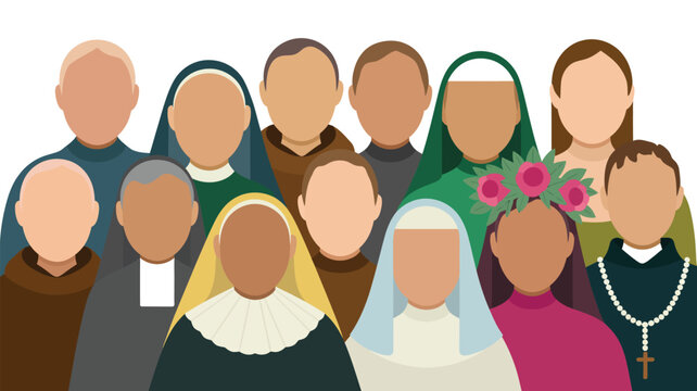 Group of diverse religious people representing various faiths and orders with traditional spiritual attire