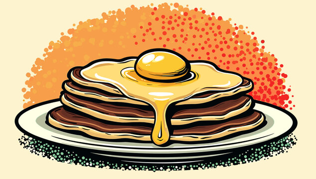 Stylized pop art illustration of a stack of pancakes on a plate with vibrant comic book elements, ideal for food blog graphics and menu design.