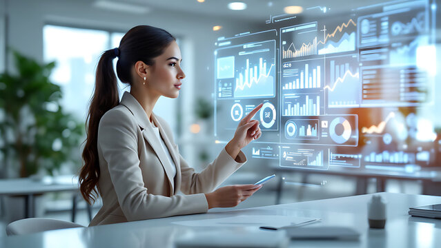 Businesswoman analyzing holographic financial data charts with tablet in office setting