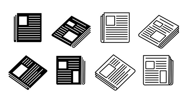 Newspaper icon set with 8 vector elements, minimalist black and white news symbols, flat and isometric press icons for journalism and media