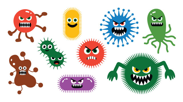 Group of menacing cartoon virus and bacteria characters with angry expressions