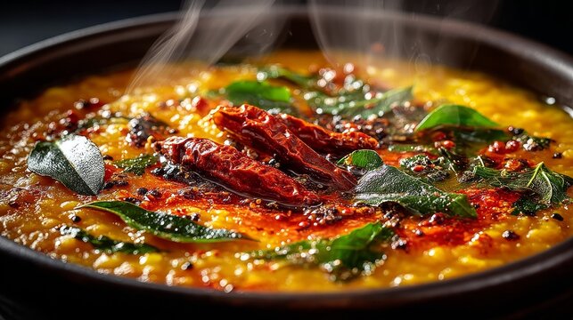 Ultra close-up of Indian dal tadka with golden lentils, sizzling ghee, cumin seeds, dried red chillies, garlic slices, and curry leaves, steaming with rich texture and cinematic warm lighting
