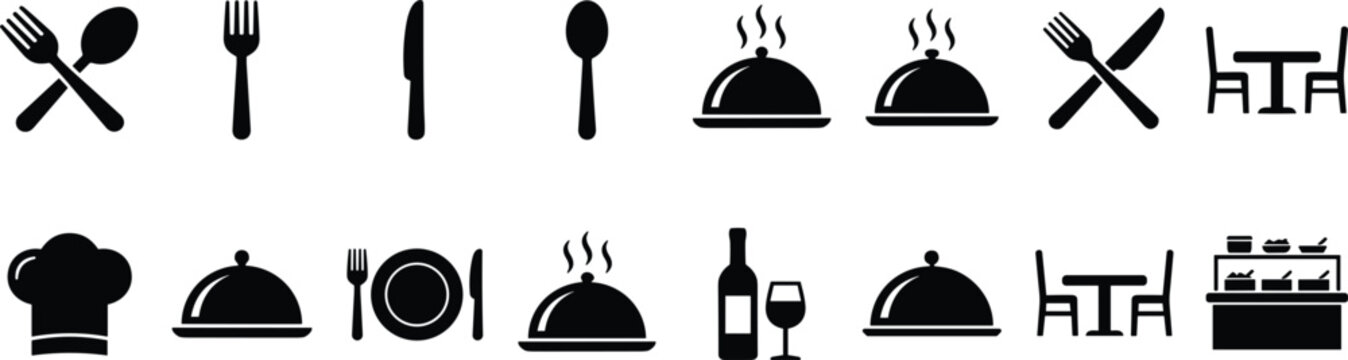 Black silhouette catering icons showing cloche chef hat buffet counter wine table setting for hospitality menu graphics