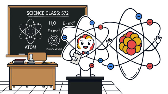 Cartoon Atom Character Teaching Science Class