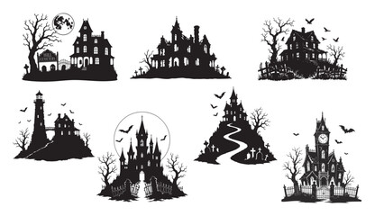 Obraz premium Haunted House Silhouette Set Spooky Halloween Vector Clipart Bundle