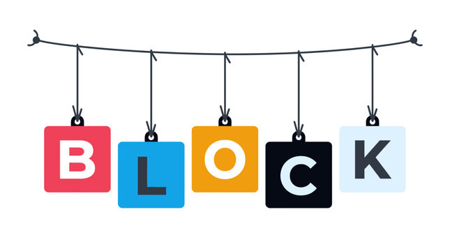 Block Letters Hanging on String, Colorful Blocks with Text