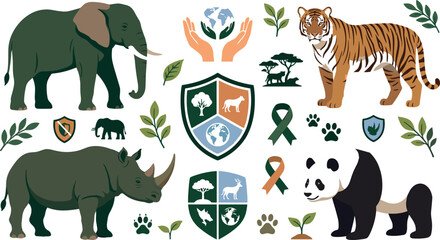 Vector illustration of endangered wildlife conservation set with elephant tiger panda rhinoceros and green ecology badges for environmental marketing campaigns © AdhinChandra