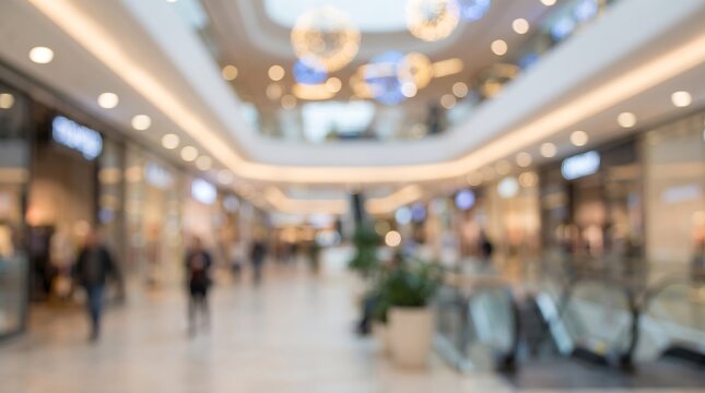 Abstract blurred background of modern shopping mall interior with bright lights and unrecognizable shoppers walking through commercial hallway for retail concept and business backdrop