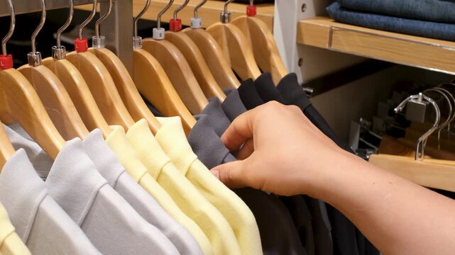 Man chooses clothes hanging on hanger in store, side view.