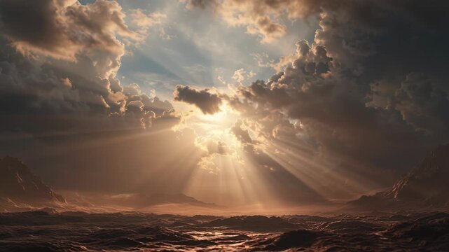 Sunbeams Shine Over Rugged Desert Landscape Under Dramatic Storm Clouds
