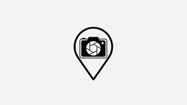 A minimalist black and white icon combining a camera and a location pin