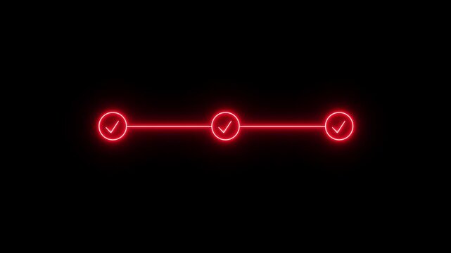 Glowing Neon bright light 3 step infographic process with check mark tick animation on black background, step business success guide progress concept with check mark motion. 4k