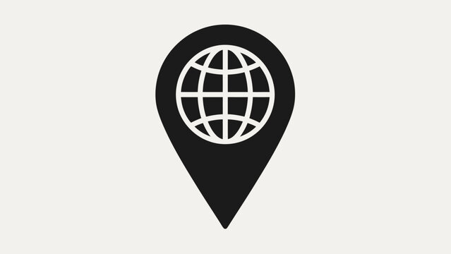 Black location pin icon with a globe inside against a light background