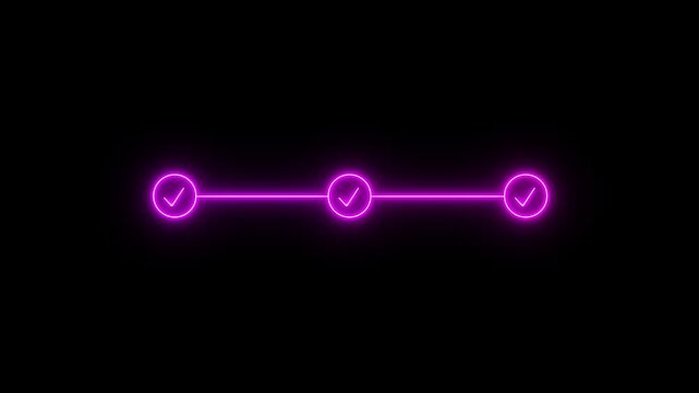 Glowing Neon bright light 3 step infographic process with check mark tick animation on black background, step business success guide progress concept with check mark motion. 4k