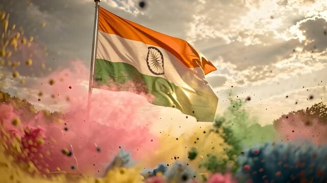 Indian National Flag waving with colorful Holi powder bursts in sky