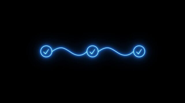 Neon light 3 step infographic process with check mark icon animation. Neon bright step-by-step process and check marks icon animation
