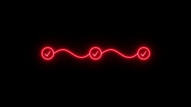 Neon light 3 step infographic process with check mark icon animation. Neon bright step-by-step process and check marks icon animation