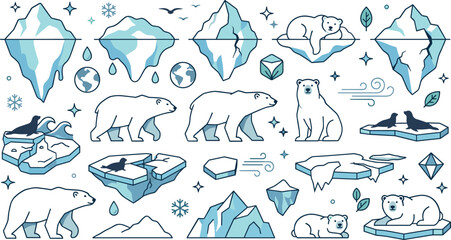 Vector illustration set of polar bears icebergs and arctic wildlife elements for climate change awareness and environmental conservation marketing graphics © AdhinChandra